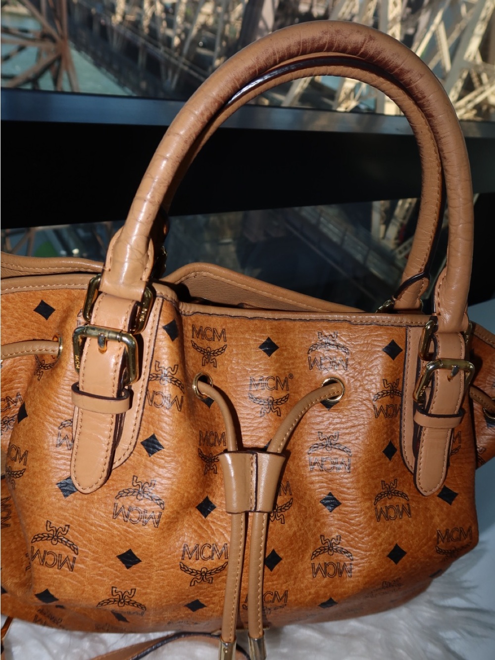 MCM Cognac Visetos Monogram Satchel with Gold Hardware w/ Crossbody Strap - Picture 2 of 4